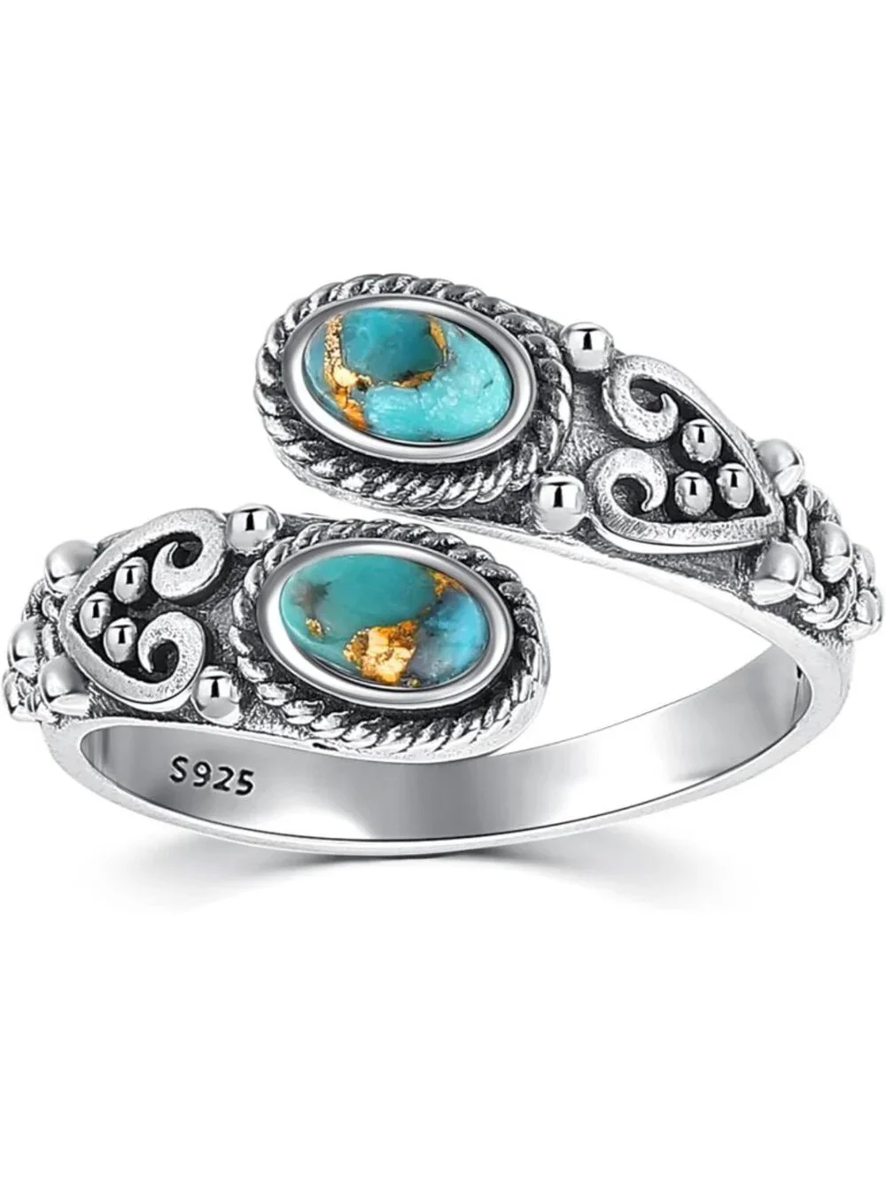 Adjustable Vintage Turquoise Spoon Ring - 925 Sterling Silver Heart Vine